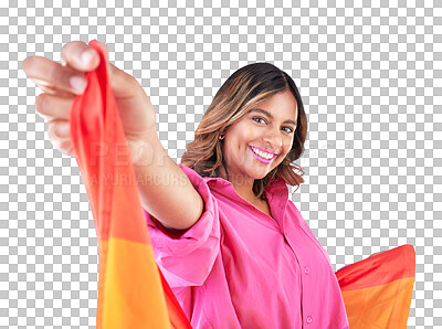 Buy stock photo Lgbtq, flag and portrait of woman with smile on isolated, png and transparent background. Fashion, rainbow and happy person with pride inclusion for queer, gay and lesbian community for solidarity