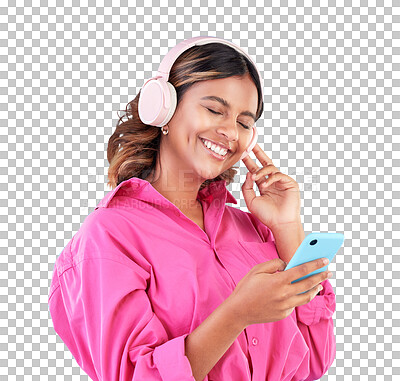Happy, woman and smartphone, headphones and music with audio streaming isolated on blue background. Entertainment, happiness and fun with female person listening to podcast or radio on mobile app