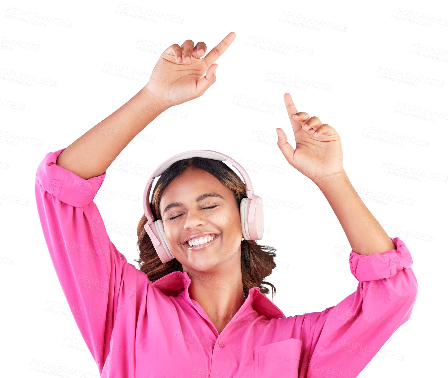 Buy stock photo Happy woman, headphones and dancing to music or podcast isolated on a transparent PNG background. Female person smile or listening with headset for audio streaming, sound track or online playlist