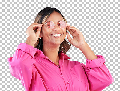 Buy stock photo Isolated woman, happy and sunglasses in portrait with pink lens, by transparent png background. Indian gen z girl, model and makeup with eye care for summer, trendy shirt and edgy frame for fashion