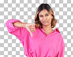 Thumbs down, bored and portrait of a woman in a studio with a disagreement or negative expression. Upset, moody and young female model with fail or rejection hand gesture isolated by blue background.