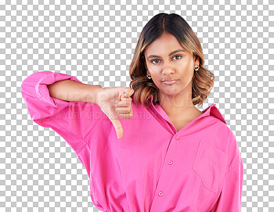 Thumbs down, bored and portrait of a woman in a studio with a disagreement or negative expression. Upset, moody and young female model with fail or rejection hand gesture isolated by blue background.