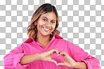 Woman, heart shape and smile portrait in studio for love, fashion and happiness. A happy model person with show sign with hands, icon or emoji for support, kindness or motivation for charity