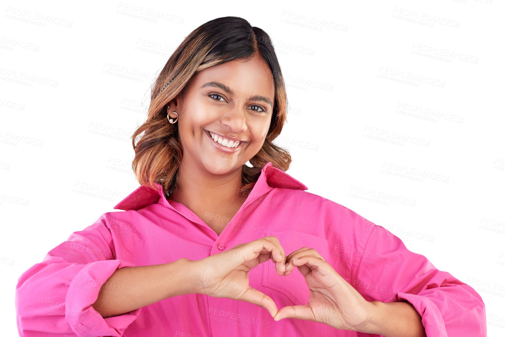 Buy stock photo Woman, heart shape and happy in portrait with love, support and wellness isolated on png transparent background. Hand gesture, emoji and kindness, review and sign for care with charity and health