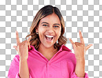 Happy, portrait and woman with rocker hands in studio for freedom, fun and positive attitude on blue background. smile, face and female with rockstar emoji, sign or punk gesture, good mood or vibes