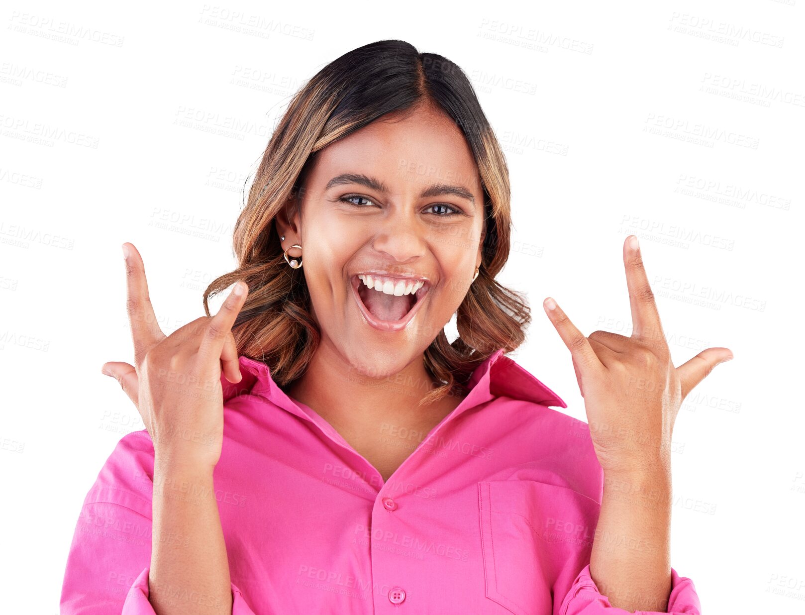 Buy stock photo Portrait, happy woman and rocker hands isolated on transparent png background for freedom, fun and attitude. Smile, face and excited girl with rockstar emoji, shaka sign or punk gesture for good mood