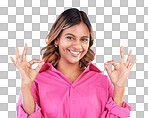 Woman, hands and OK sign with portrait, agreement and positive feedback vote isolated on blue background, Happy female person, like emoji and success with support, hand gesture and review in studio