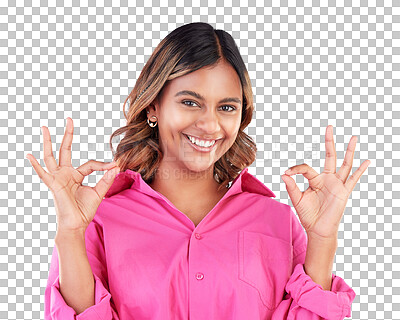 Buy stock photo Happy, perfect sign and portrait of woman in agreement for positive feedback isolated transparent or png background. Review, emoji and person with like, thank you and ok emoji or hand gesture