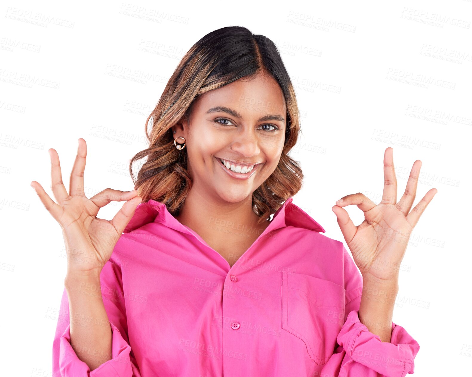 Buy stock photo Happy, perfect sign and portrait of woman in agreement for positive feedback isolated transparent or png background. Review, emoji and person with like, thank you and ok emoji or hand gesture