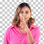 Woman with secret, finger to lips and in portrait, communication and sign language on blue background. Quiet gesture, privacy and gossip with silent emoji, female model with confidential news