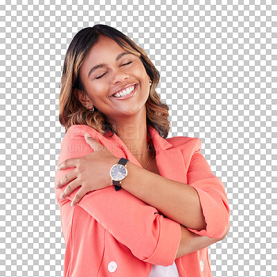 Professional, hug and business woman in studio for self love, support and care with confidence. Corporate, happy and female person embrace for positive mindset, pride and happiness on blue background