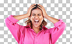 Angry, frustrated and a shouting woman on a blue background with a mental health problem. Stress, bipolar and a young screaming Indian girl with a fail or mistake isolated on a studio backdrop