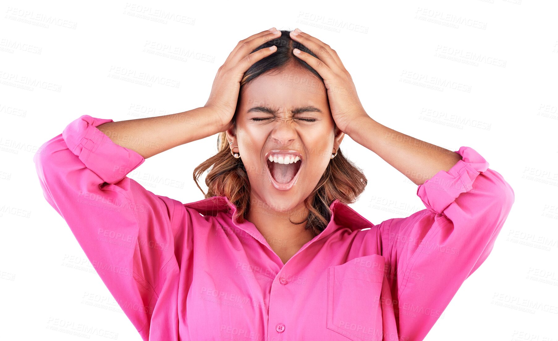 Buy stock photo Stress, anxiety and angry woman shouting with hands on head on isolated, transparent or png background. Psychology, disaster and female model with mental health crisis, trauma or conflict mistake