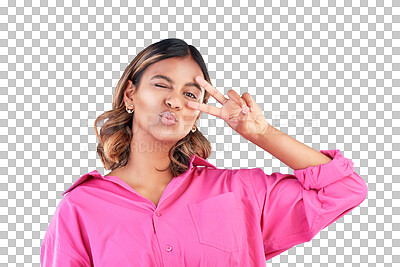 Buy stock photo Portrait, young woman and peace sign isolated on transparent png background for freedom, fun and attitude. Kiss, face and gen z girl with v hand gesture, emoji or icon for happy mood in youth culture