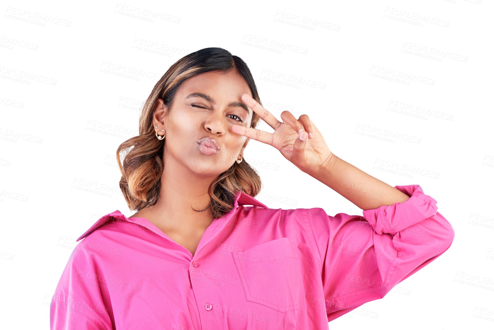 Buy stock photo Portrait, young woman and peace sign isolated on transparent png background for freedom, fun and attitude. Kiss, face and gen z girl with v hand gesture, emoji or icon for happy mood in youth culture