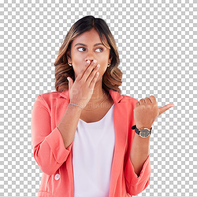 Shock, pointing and business woman in studio with gesture for advertising, marketing and promotion. Mockup, surprise and female person with omg face for deal, discount and sale on blue background