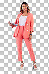 Computer, fashion and business woman for online marketing, social media planning or copywriting portrait in studio. E commerce, designer suit and full body of person on a laptop and blue background