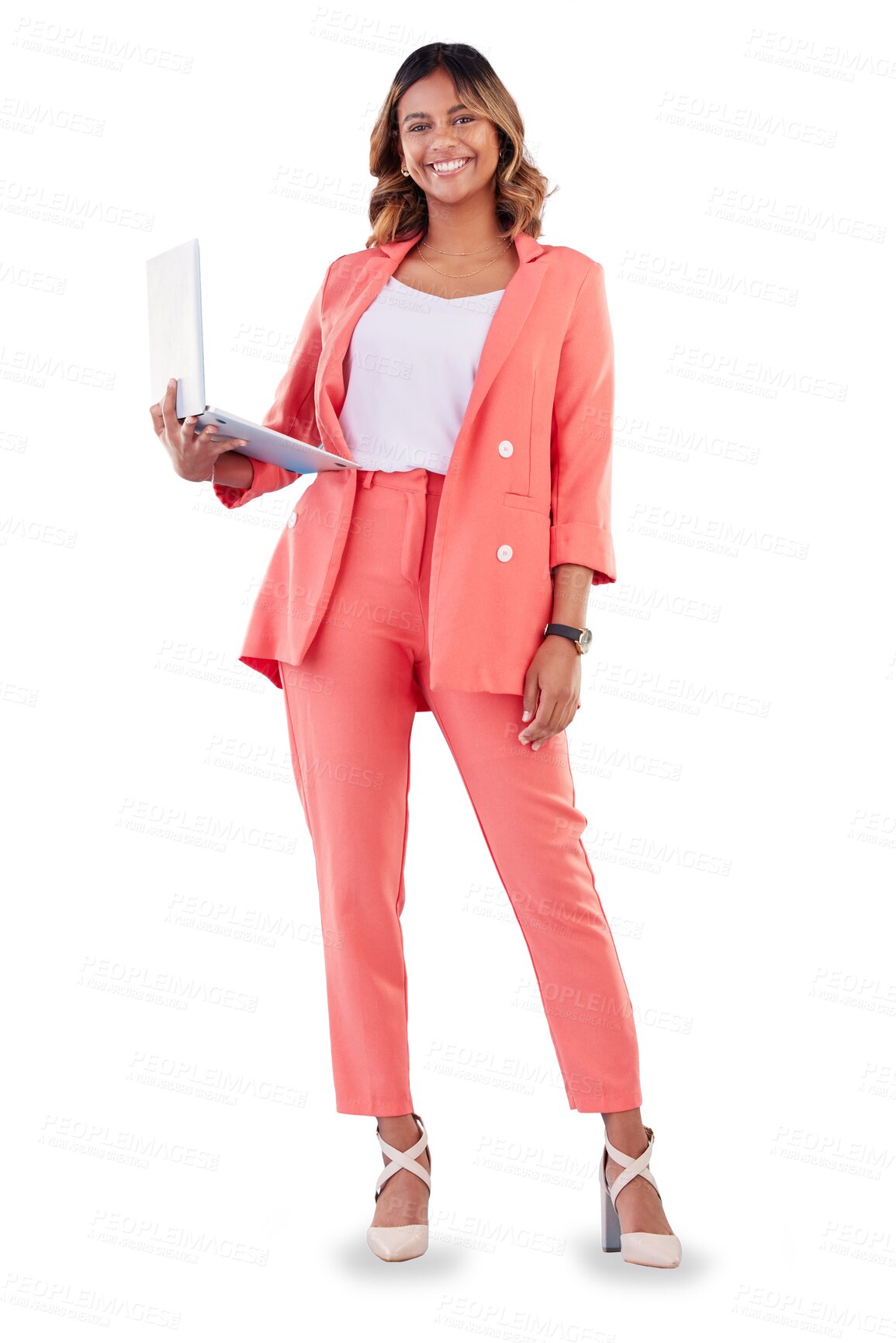 Buy stock photo Woman, laptop and corporate attorney, research for legal project and online data analysis. Lawyer with tech, planning strategy for court and review at law firm isolated on png transparent background