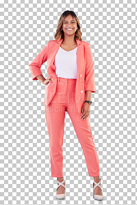 Buy stock photo Corporate, fashion and portrait of happy woman isolated on transparent png background. Creative professional, business and smile, model entrepreneur in suit with confidence and pride in career or job