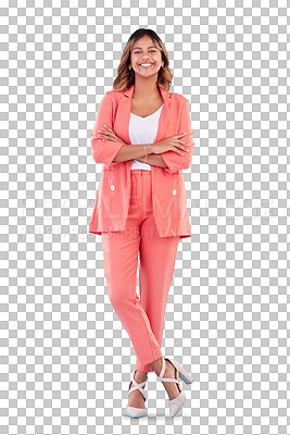 Business, fashion and portrait of woman with crossed arms in studio confident for career, job and startup. Corporate, happy and female person with positive mindset, pride and style on blue background