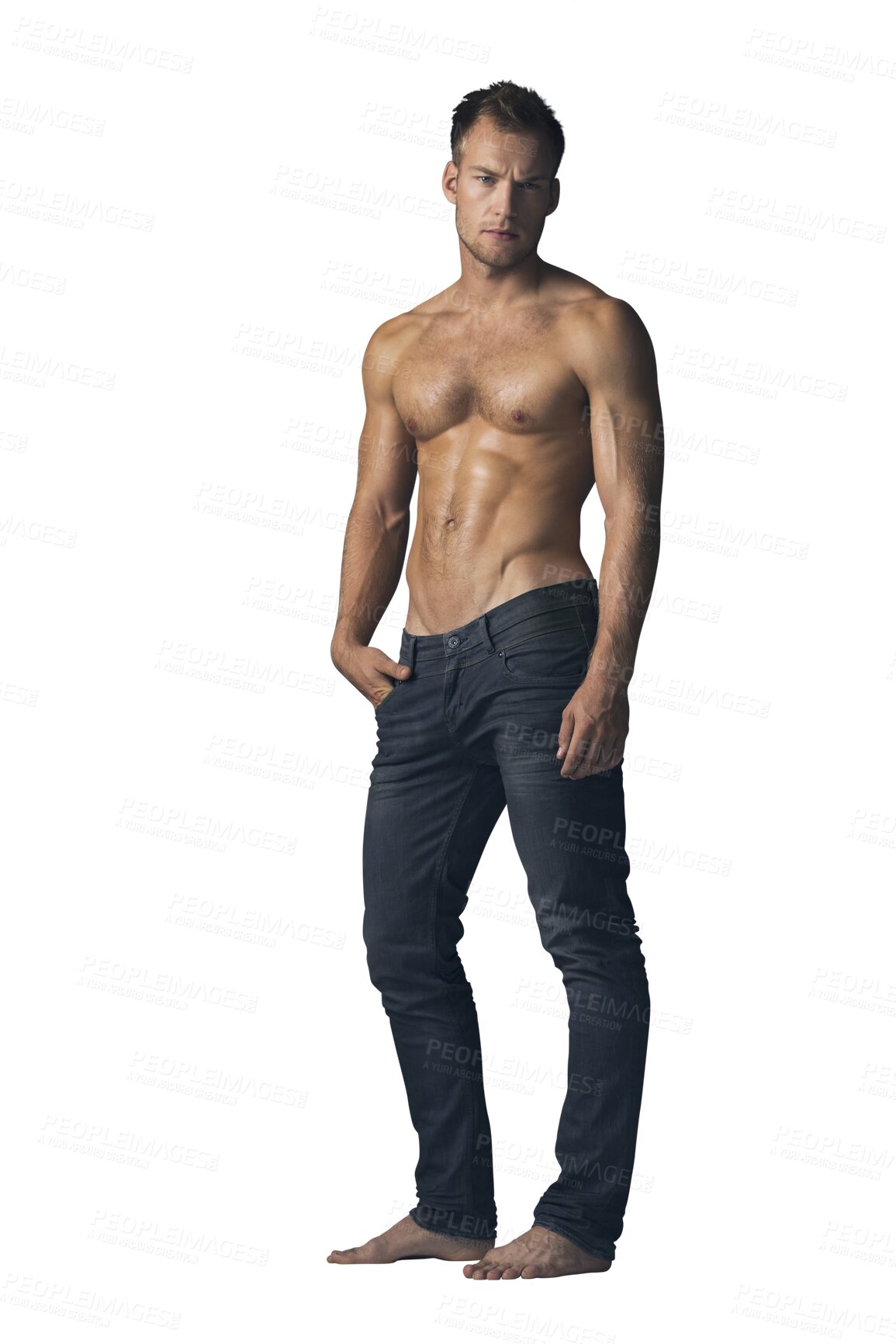 Buy stock photo Isolated man, shirtless and jeans for muscle, portrait or healthy body by transparent png background. Guy, model or bodybuilder with abs stomach, fashion and fitness for confidence, wellness or style