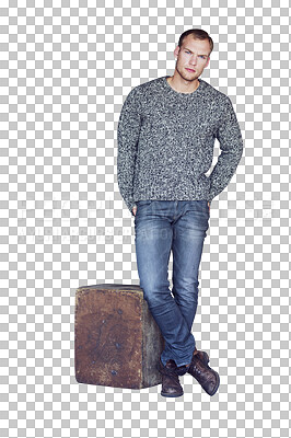 Buy stock photo Fashion, casual and portrait of man in winter clothes, stylish outfit and isolated on transparent png background. Serious, confident and model with fancy style, trendy jeans or wooden block in Sweden