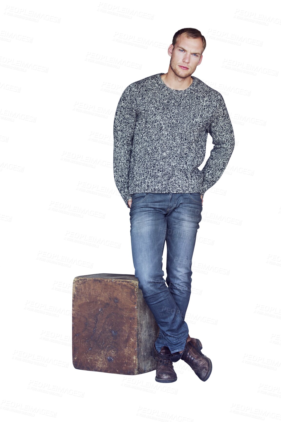 Buy stock photo Fashion, casual and portrait of man in winter clothes, stylish outfit and isolated on transparent png background. Serious, confident and model with fancy style, trendy jeans or wooden block in Sweden