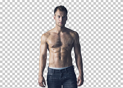 Buy stock photo Muscle, body and portrait of man with six pack for fashion, fitness and confidence isolated on png transparent background. Strong, topless and serious Irish model in denim jeans with healthy abs