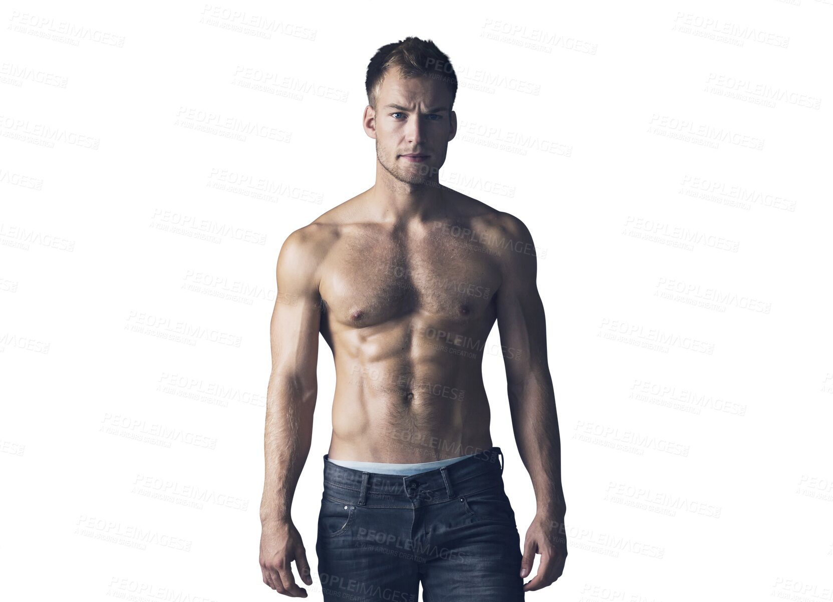 Buy stock photo Muscle, body and portrait of man with six pack for fashion, fitness and confidence isolated on png transparent background. Strong, topless and serious Irish model in denim jeans with healthy abs