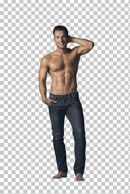 Buy stock photo Muscle, body and portrait of man with abs for fashion, fitness and confidence isolated on png transparent background. Strong, topless and Irish model in jeans, six pack with biceps and healthy