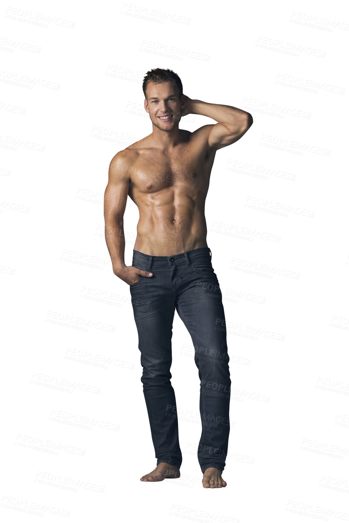 Buy stock photo Muscle, body and portrait of man with abs for fashion, fitness and confidence isolated on png transparent background. Strong, topless and Irish model in jeans, six pack with biceps and healthy