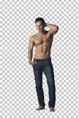 Buy stock photo Muscle, body and man with six pack for fashion, fitness and confidence with flexing isolated on png transparent background. Strong, topless and serious Irish model in denim jeans with abs and healthy