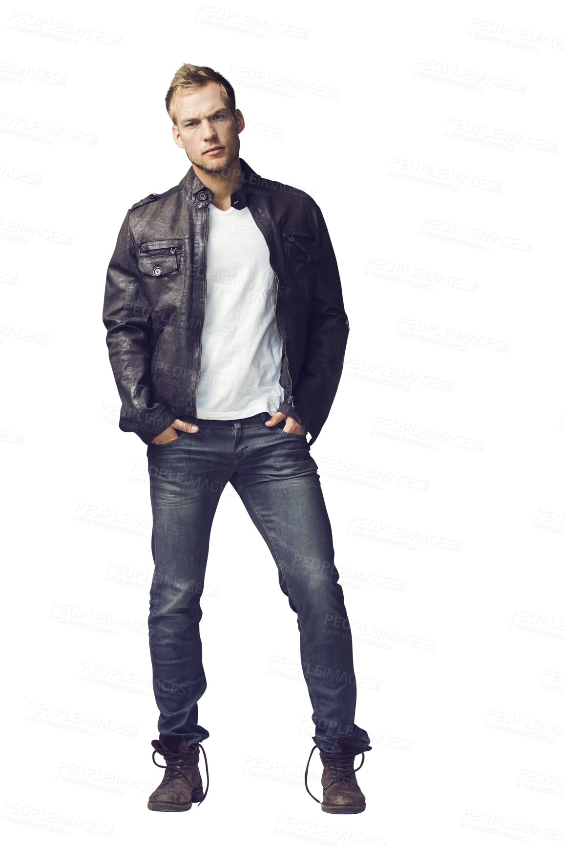 Buy stock photo Portrait, biker fashion and male model isolated on transparent png background with confidence. Full body, leather jacket and jeans with serious man, masculine style and edgy with punk culture.