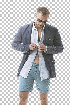 Buy stock photo Sexy, man and dressing in shirt for fashion with shorts, jacket and isolated on a transparent png background. Cool, handsome and confident young guy in trendy clothes, outfit and style with glasses 