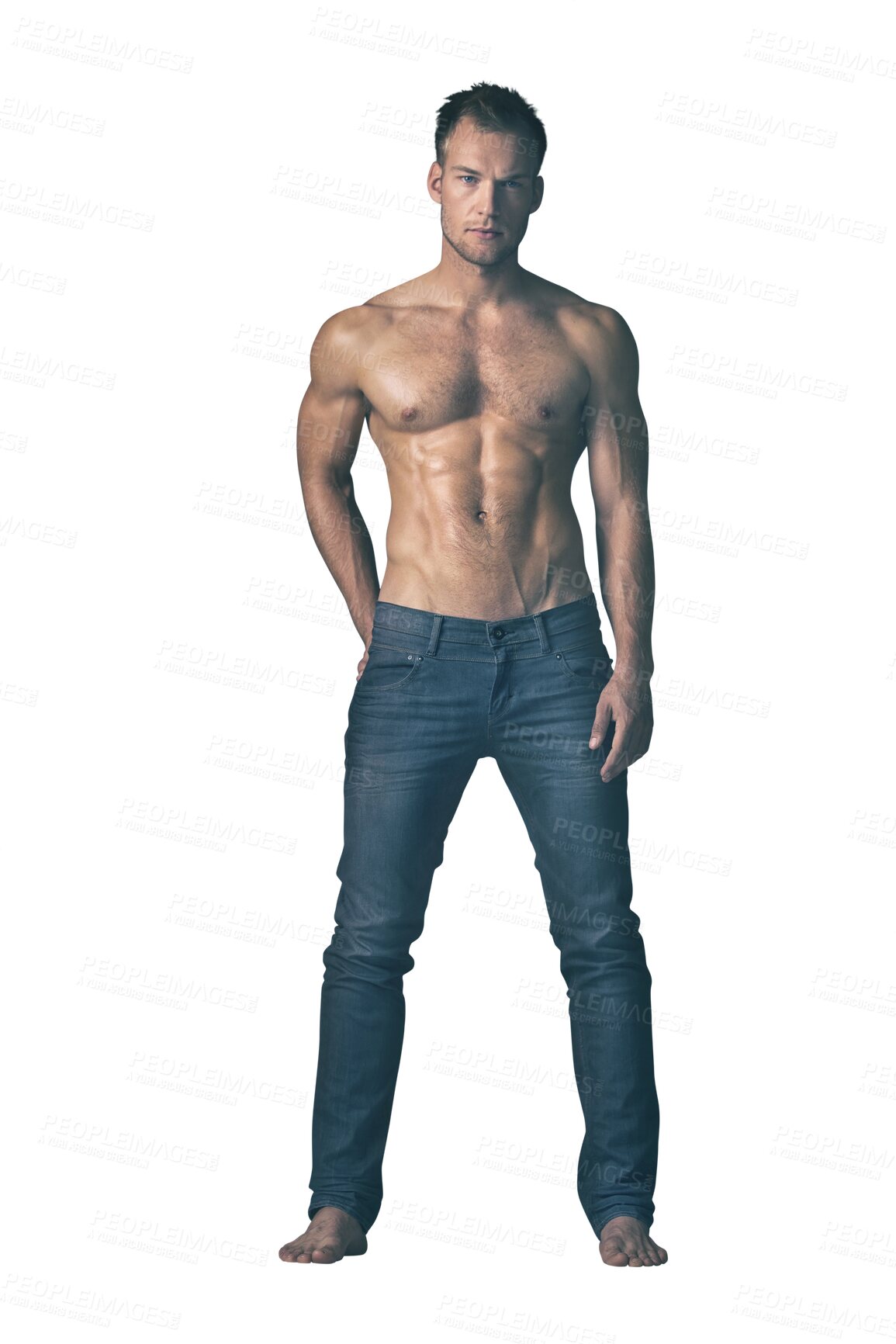 Buy stock photo Muscle, body and strong man with six pack in portrait for fashion, fitness and confidence isolated on png transparent background. Serious, topless Irish model in jeans with abs and healthy