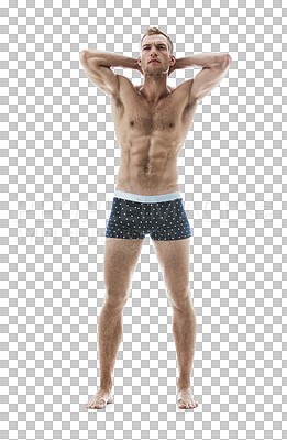 Buy stock photo Muscle, body and man in underwear, flexing biceps for fitness and confidence with abs isolated on png transparent background. Strong, topless and serious Irish model bodybuilding, sixpack and healthy