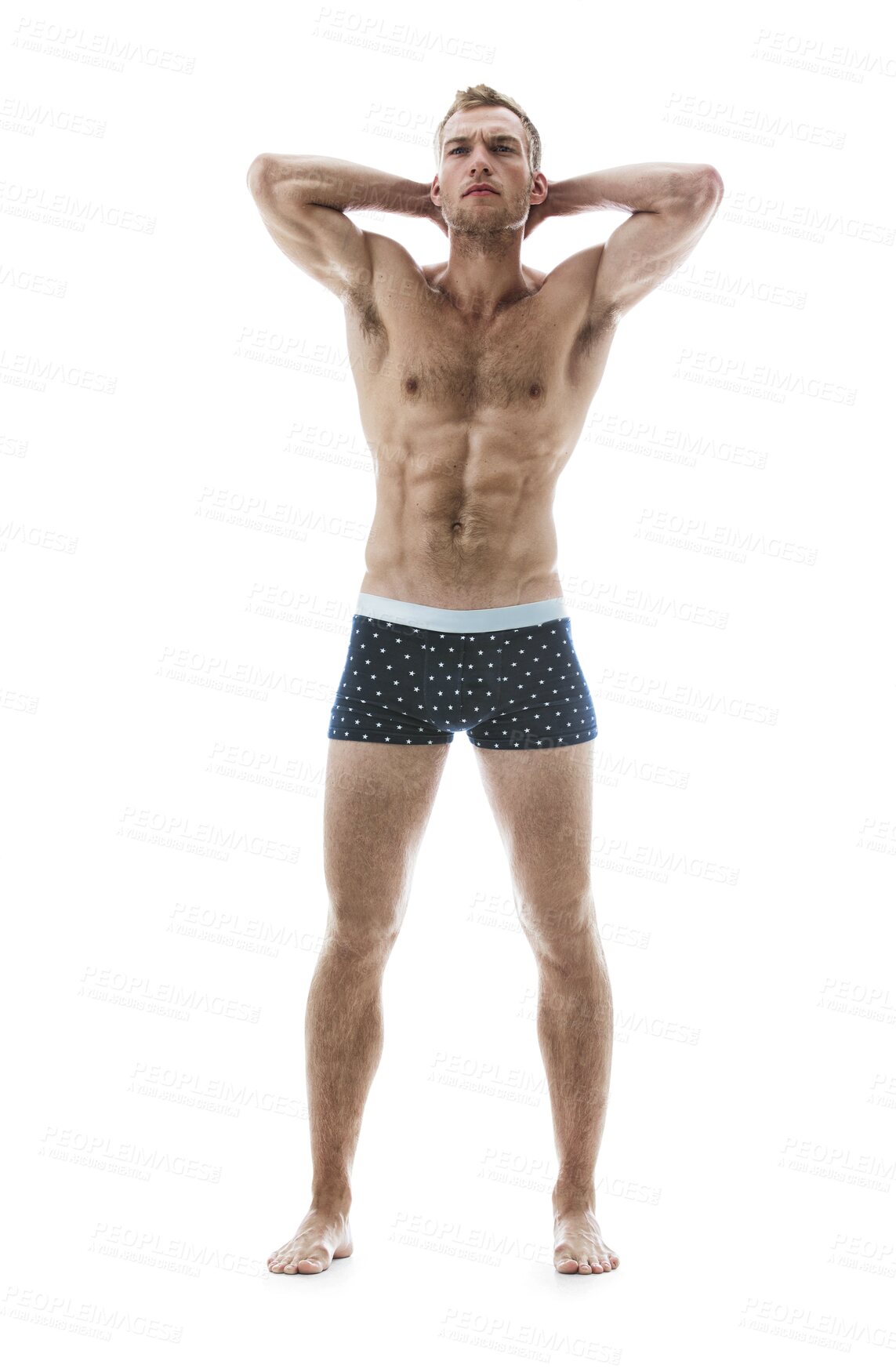 Buy stock photo Muscle, body and man in underwear, flexing biceps for fitness and confidence with abs isolated on png transparent background. Strong, topless and serious Irish model bodybuilding, sixpack and healthy