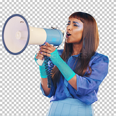Woman, studio and megaphone protest for fashion, futuristic cyberpunk aesthetic or opinion. Young gen z model, future anime clothes or scifi fantasy for goals, lgbt or human rights by blue background