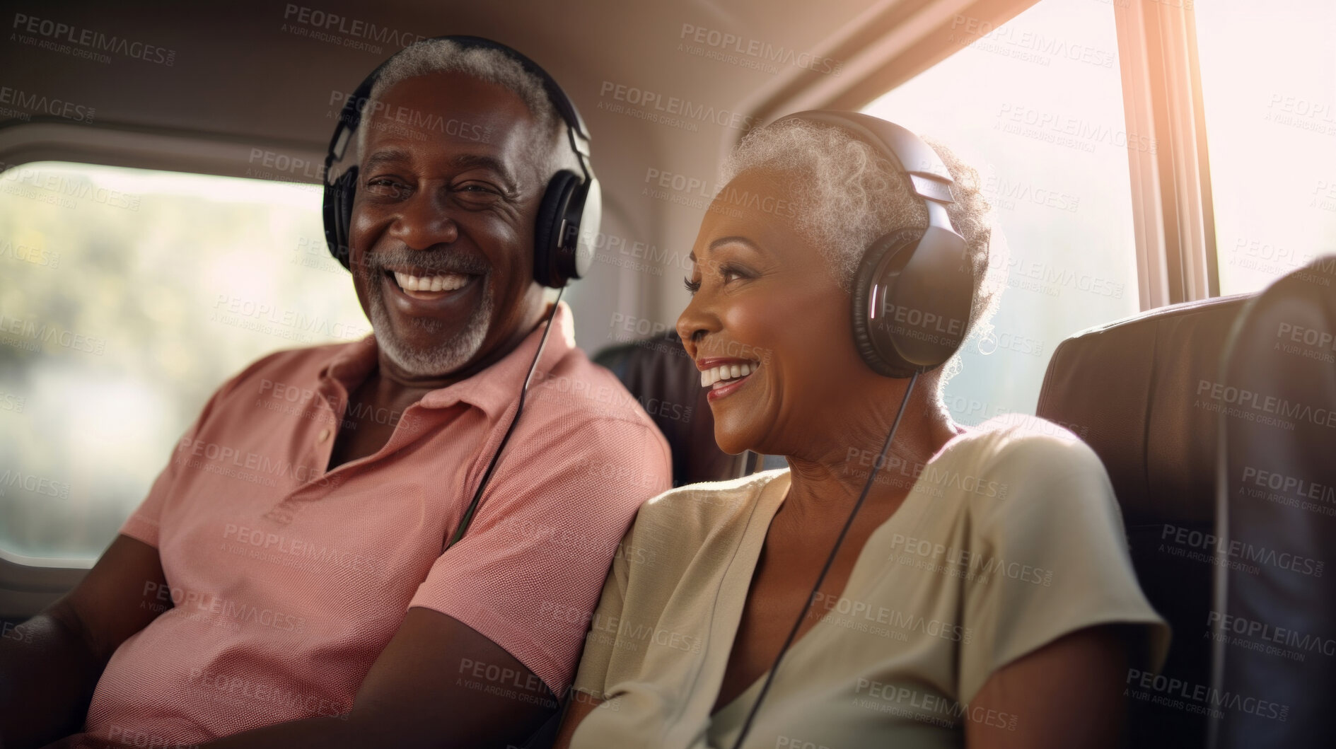 Buy stock photo Senior couple listen to music with headphones on vacation on sunny day, beach vacation or retirement