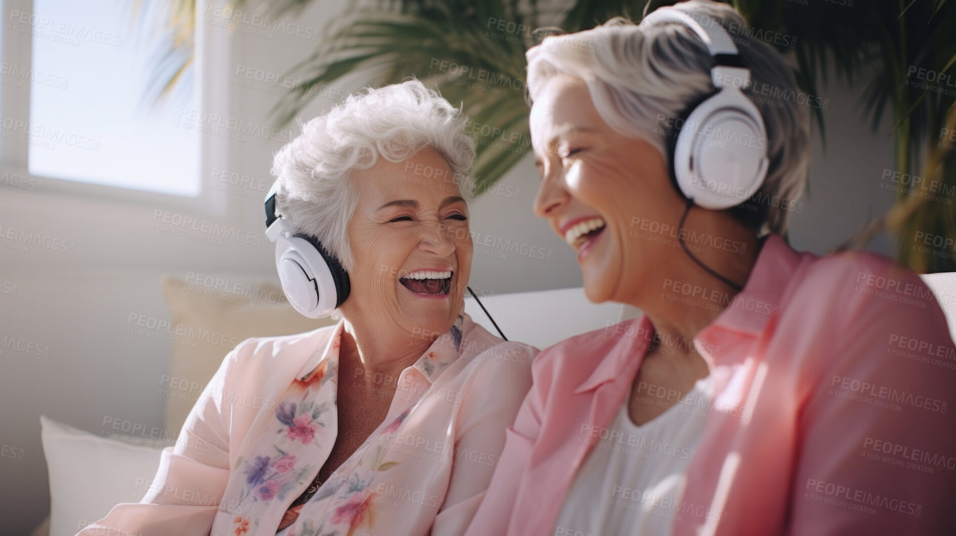 Buy stock photo Senior couple listen to music with headphones on vacation on sunny day, beach vacation or retirement