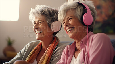 Senior couple listen to music with headphones on vacation on sunny day, beach vacation or retirement