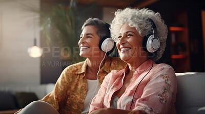 Senior couple listen to music with headphones on vacation on sunny day, beach vacation or retirement