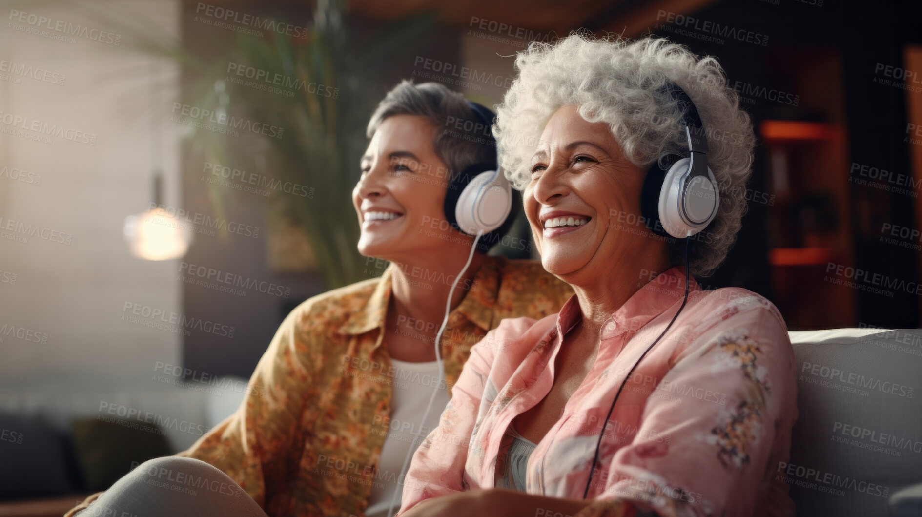 Buy stock photo Senior couple listen to music with headphones on vacation on sunny day, beach vacation or retirement