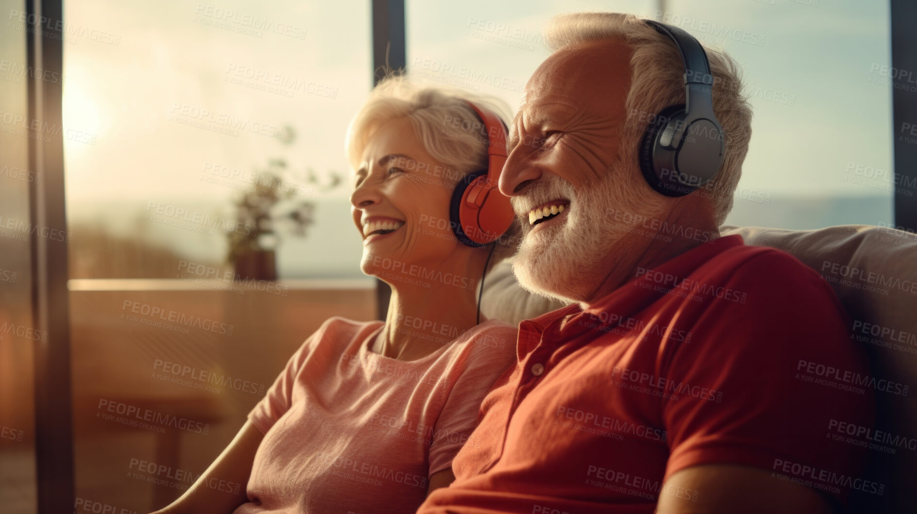 Buy stock photo Senior couple listen to music with headphones on vacation on sunny day, beach vacation or retirement