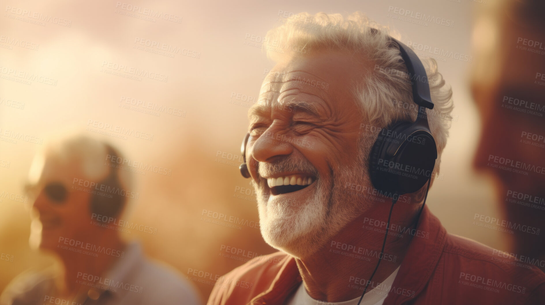 Buy stock photo Senior man listen to music with headphones on vacation on sunny day, beach vacation or retirement