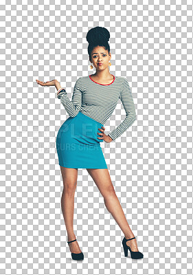 Buy stock photo Woman, fashion and why portrait with trendy and stylish clothes with question and doubt. African female person, confused model and choice from Jamaica with isolated on a transparent, png background