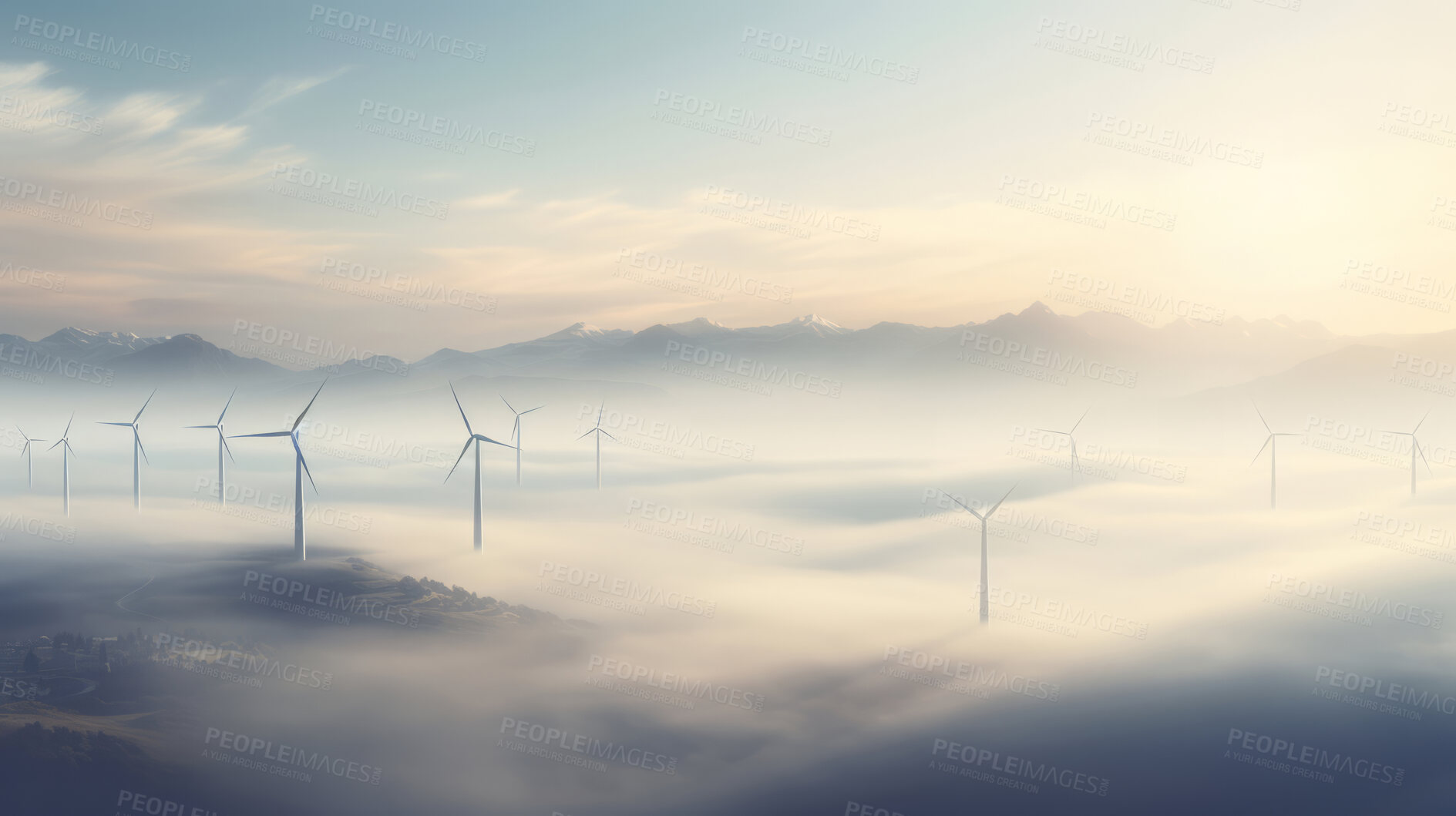 Buy stock photo Group of wind turbines for electric power production. Windmill farm aerial view