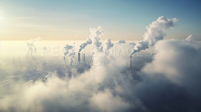 Buy stock photo Environmental air pollution. Industrial chimneys with smoke causing pollution.