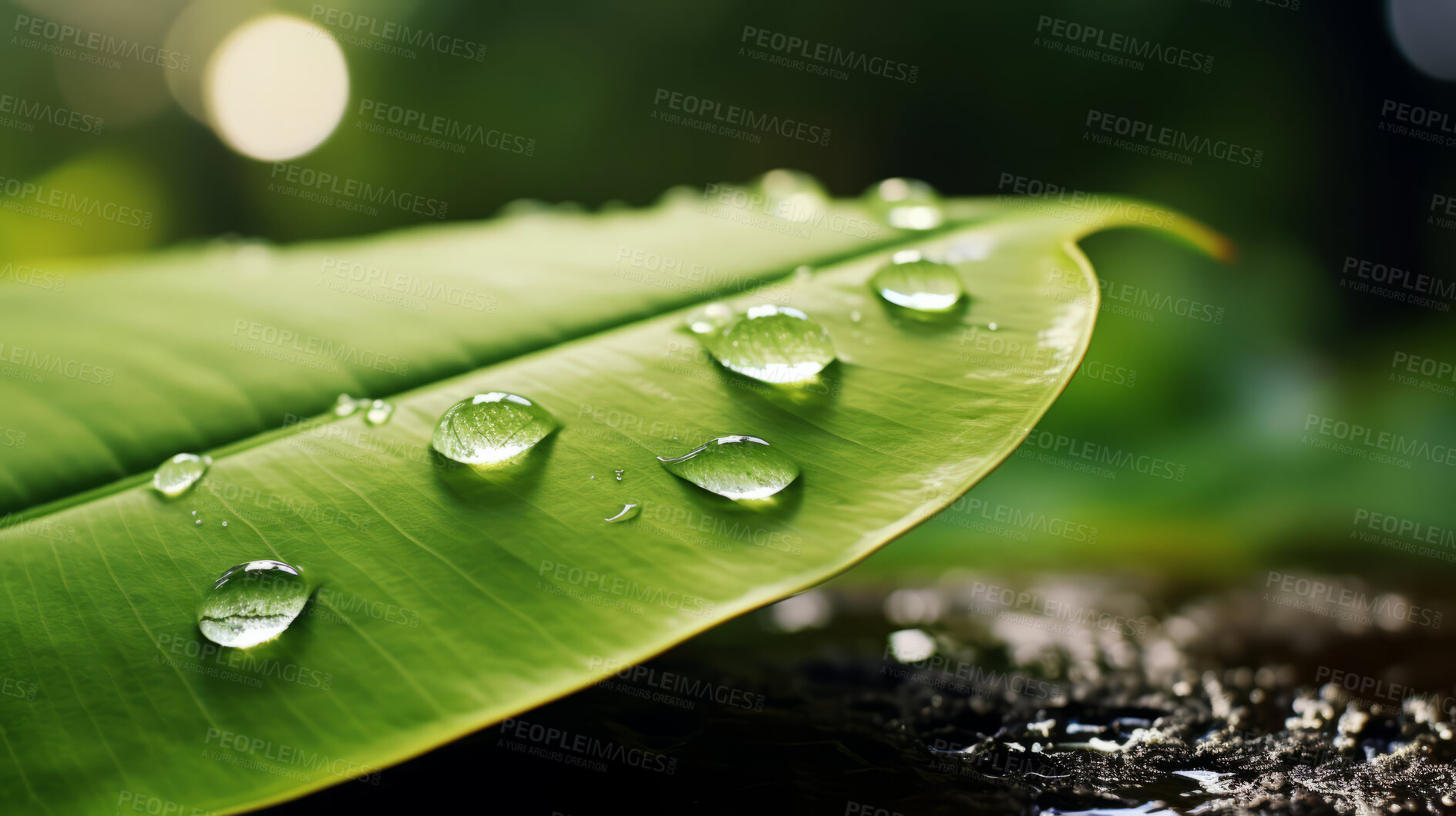 Buy stock photo Large drops of rain water on a green leaf macro. Leaf texture in nature
