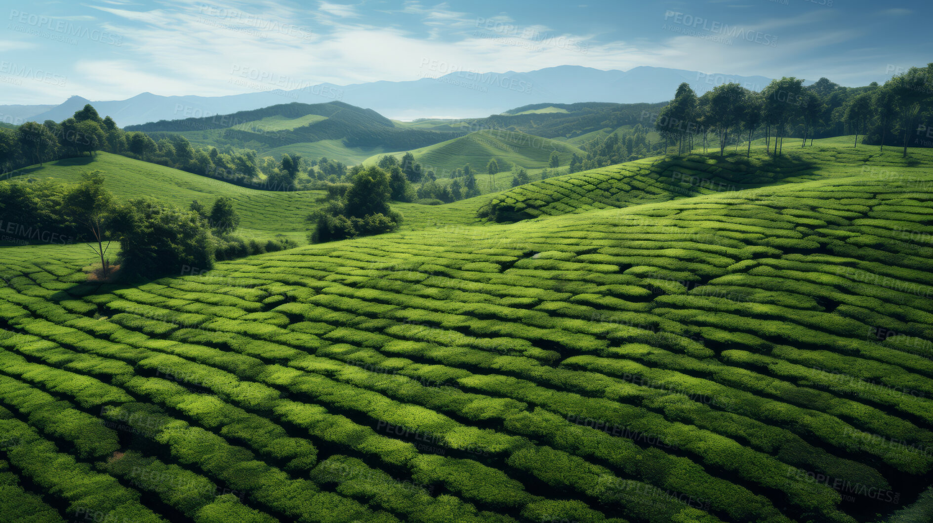 Buy stock photo Aerial view of tea plantation landscape. Environmental for farming background